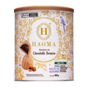 BOMBOM DE CHOCOLATE BRANCO COM CREME DE AVELÃ E CACAU LINHA STÉVIA 160G HAOMA