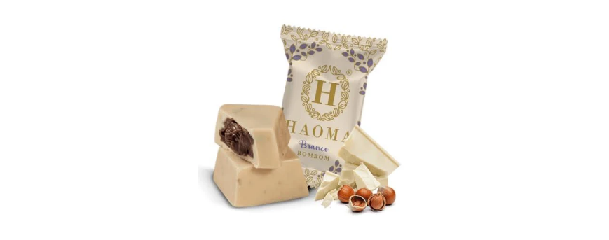 BOMBOM DE CHOCOLATE BRANCO COM AVELÃ E CACAU LINHA STÉVIA 16G HAOMA