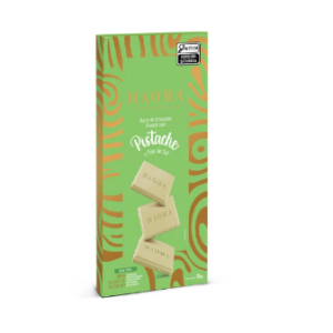 BARRA DE CHOCOLATE BRANCO SABOR PISTACHE E FLOR DE SAL LINHA STEVIA 75G HAOMA