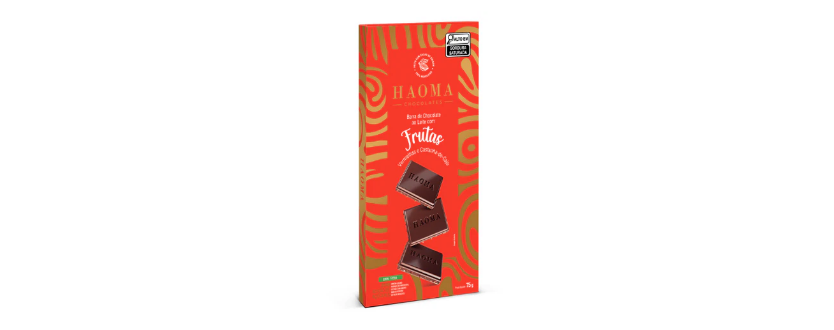 BARRA DE CHOCOLATE SABOR FRUTAS VERMELHAS E CASTANHA DE CAJU 75G HAOMA