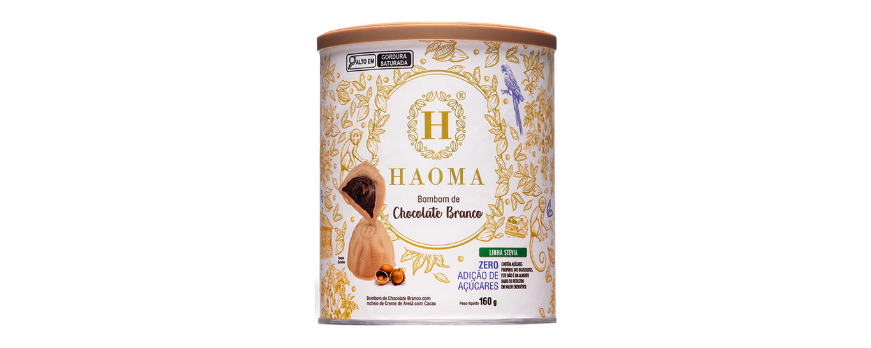 BOMBOM DE CHOCOLATE BRANCO COM CREME DE AVELÃ E CACAU LINHA STÉVIA 160G HAOMA